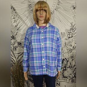 Vintage EUC L.L. Bean Fleece Lined Flannel Shirt XS Blue Plaid Button-Up Shacket